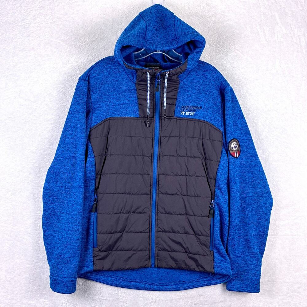 Scandinavian Explorer Jacket Mens L Blue Combi Fleece Quilted Preppy Outdoors